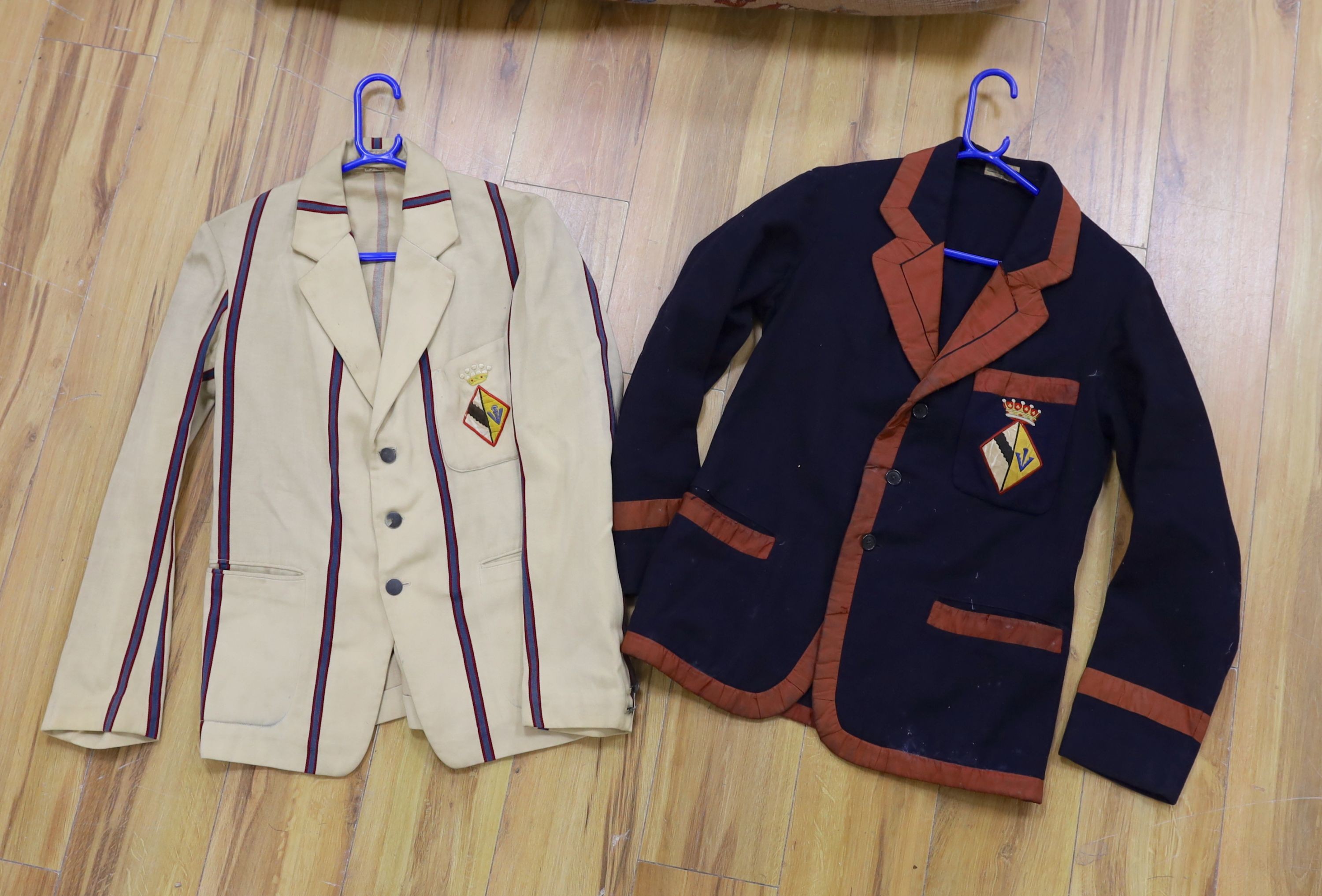 Two late 19th/early 20th century cricket blazers, with crests on the pockets, makers label: Bodger and Co, Cambridge